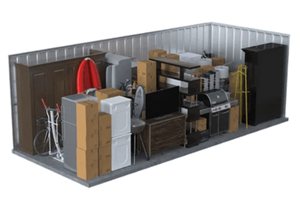 A 3D rendered image of a storage room with various items.